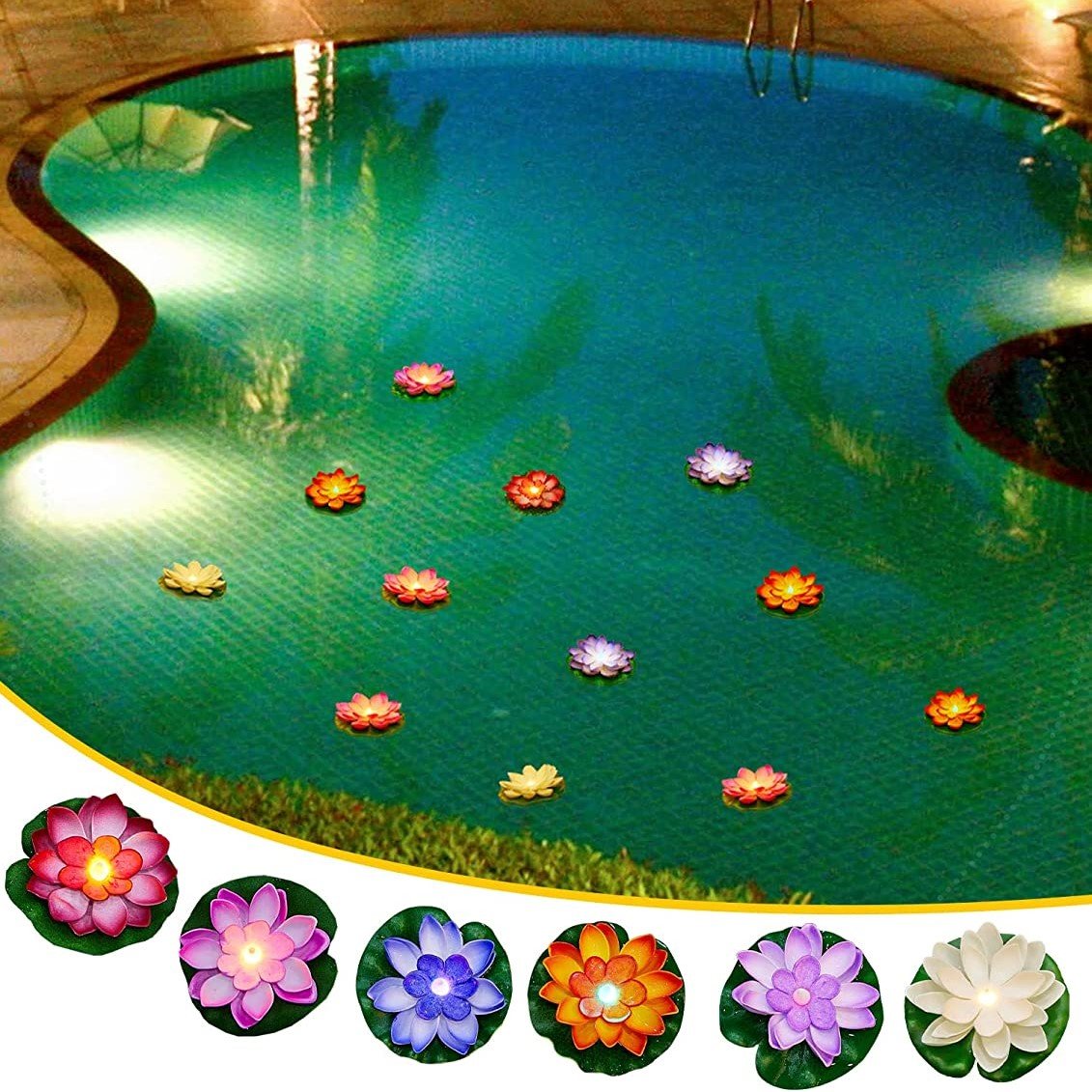 6 PCS Lotus Floating Pool Lights LED Pond Light Battery Operated Water Lily Decor Accessories Flowers 3.94 Inch Multicolor