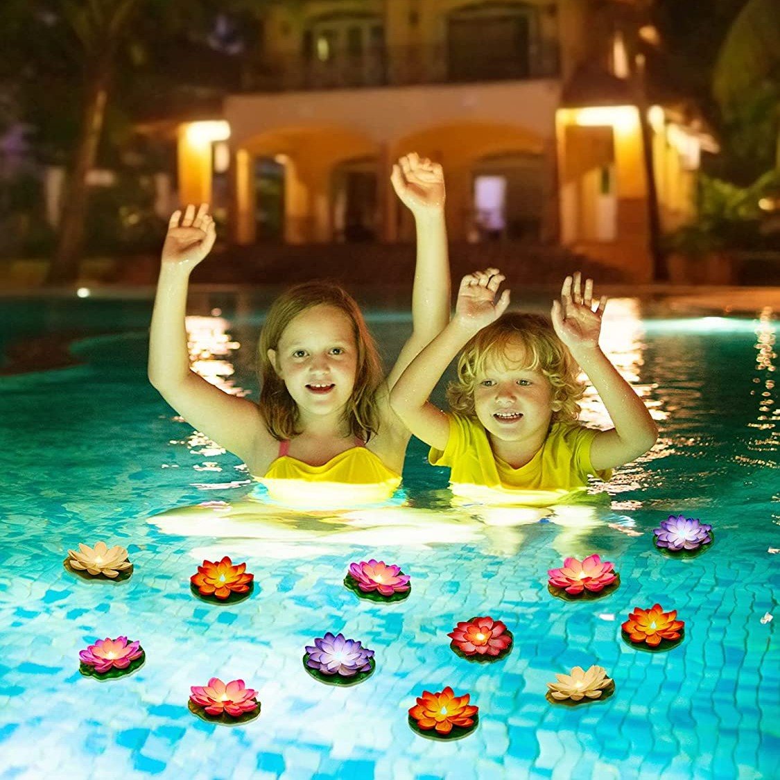 6 PCS Lotus Floating Pool Lights LED Pond Light Battery Operated Water Lily Decor Accessories Flowers 3.94 Inch Multicolor