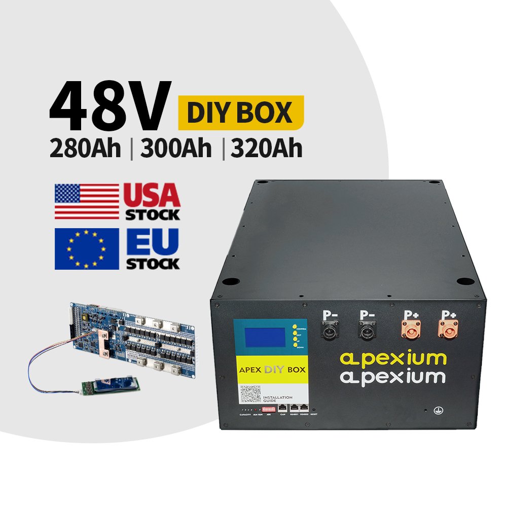 Apexium 280 230 105 DIY kits pack Customized 16pcs 48V 280Ah 320Ah 200A BMS BT Empty Box Lifepo4 Solar Energy Storage Battery