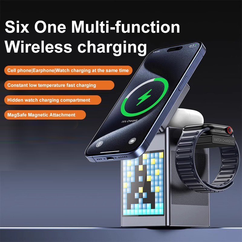 2024 Global Hot Sale 15W Qi 6 in 1 Fast Charger Desktop Pixel Alarm Clock Wireless Speaker Charging Station smart gadgets