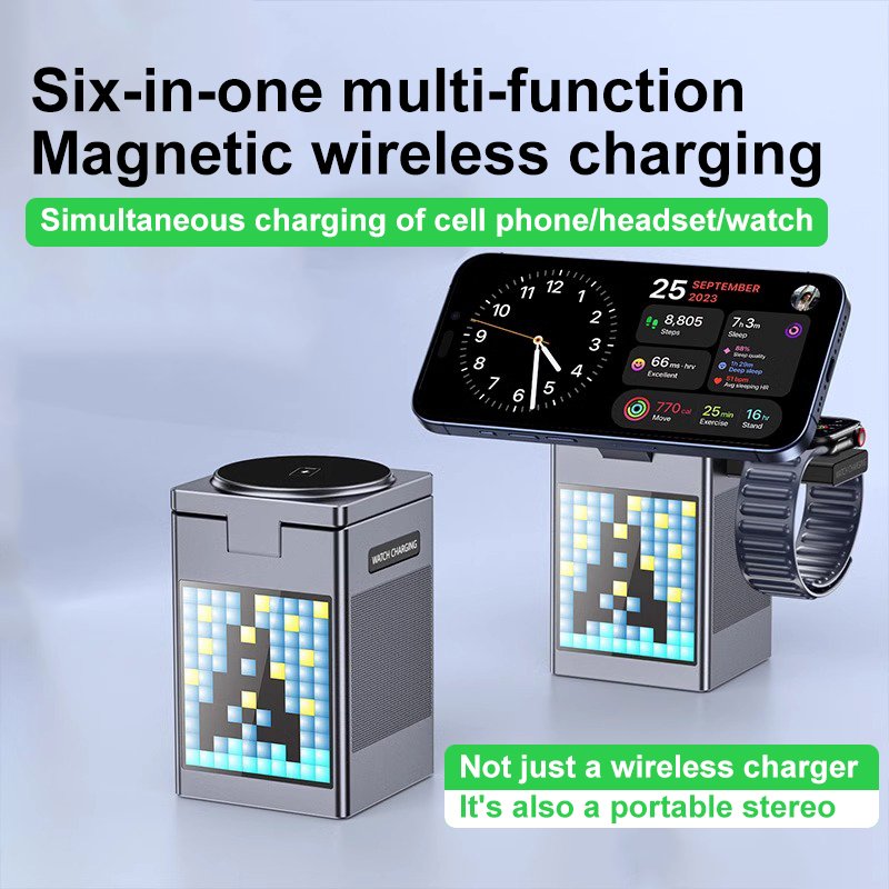 2024 Global Hot Sale 15W Qi 6 in 1 Fast Charger Desktop Pixel Alarm Clock Wireless Speaker Charging Station smart gadgets