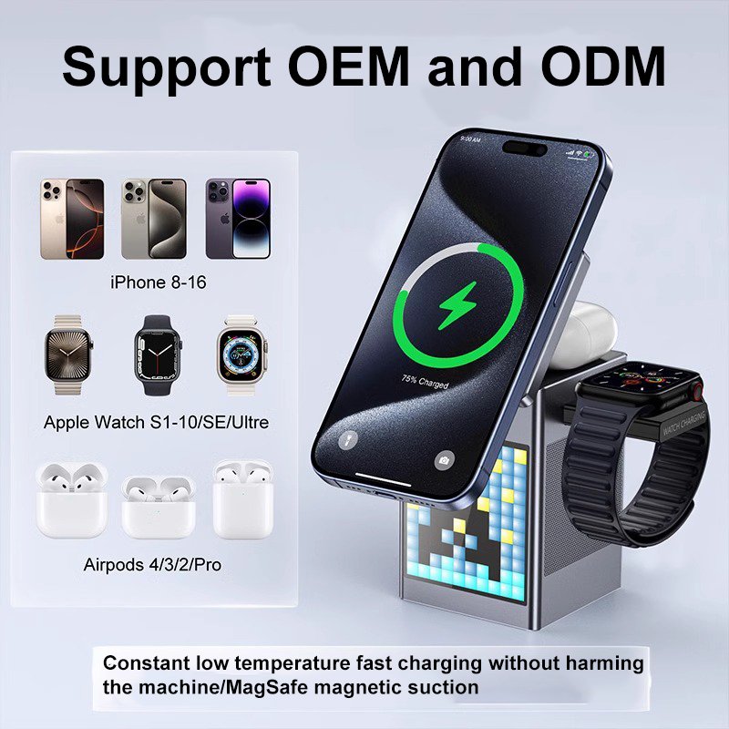 2024 Global Hot Sale 15W Qi 6 in 1 Fast Charger Desktop Pixel Alarm Clock Wireless Speaker Charging Station smart gadgets