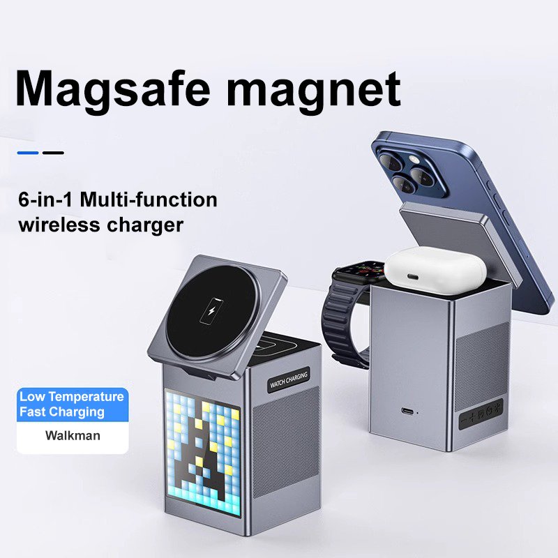 2024 Global Hot Sale 15W Qi 6 in 1 Fast Charger Desktop Pixel Alarm Clock Wireless Speaker Charging Station smart gadgets