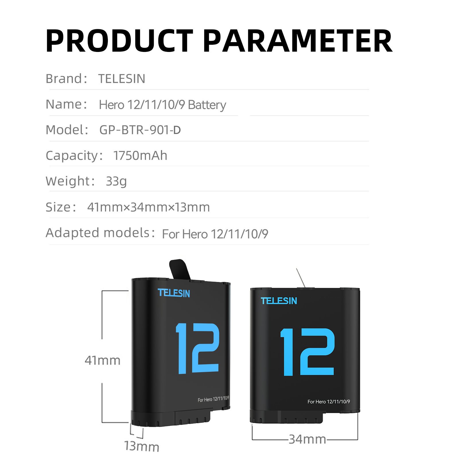 TELESIN accessories Camera battery for Go Pro 12 11 10 9 Long-lasting 1720 mAh battery