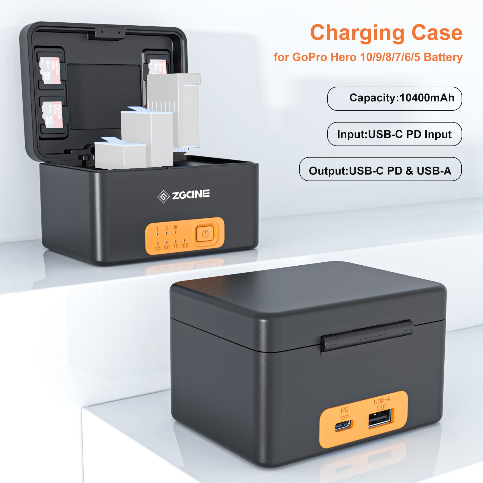 ZGCINE PS-G10 Portable Fast Charger Case With 10400mah built in Battery For GoPro 10/9/8/7/6/5 battery Accessories