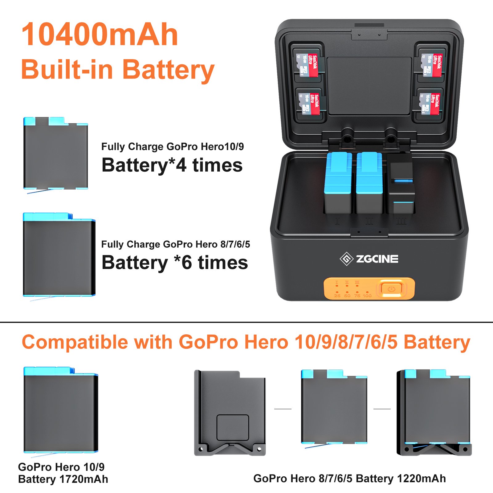 ZGCINE PS-G10 Portable Fast Charger Case With 10400mah built in Battery For GoPro 10/9/8/7/6/5 battery Accessories
