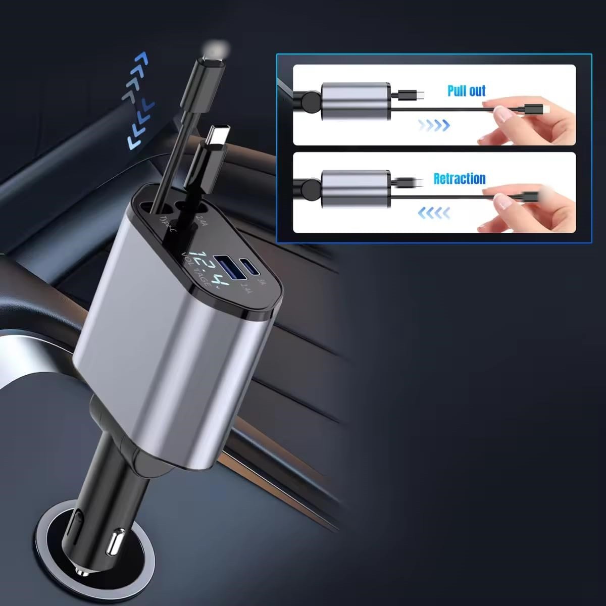 2024 new products 4-in -1 Multi- charging Ports Fast Charger with Retractable Cables and PD charge Mobile Phone Car Charger car