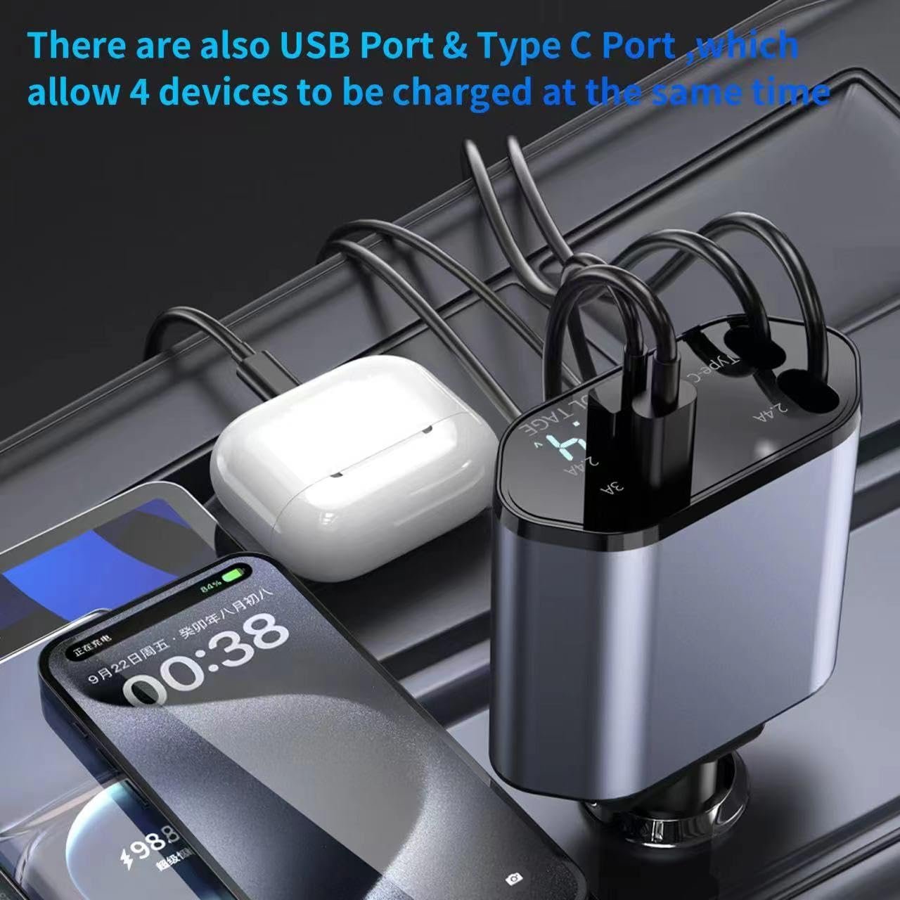 2024 new products 4-in -1 Multi- charging Ports Fast Charger with Retractable Cables and PD charge Mobile Phone Car Charger car