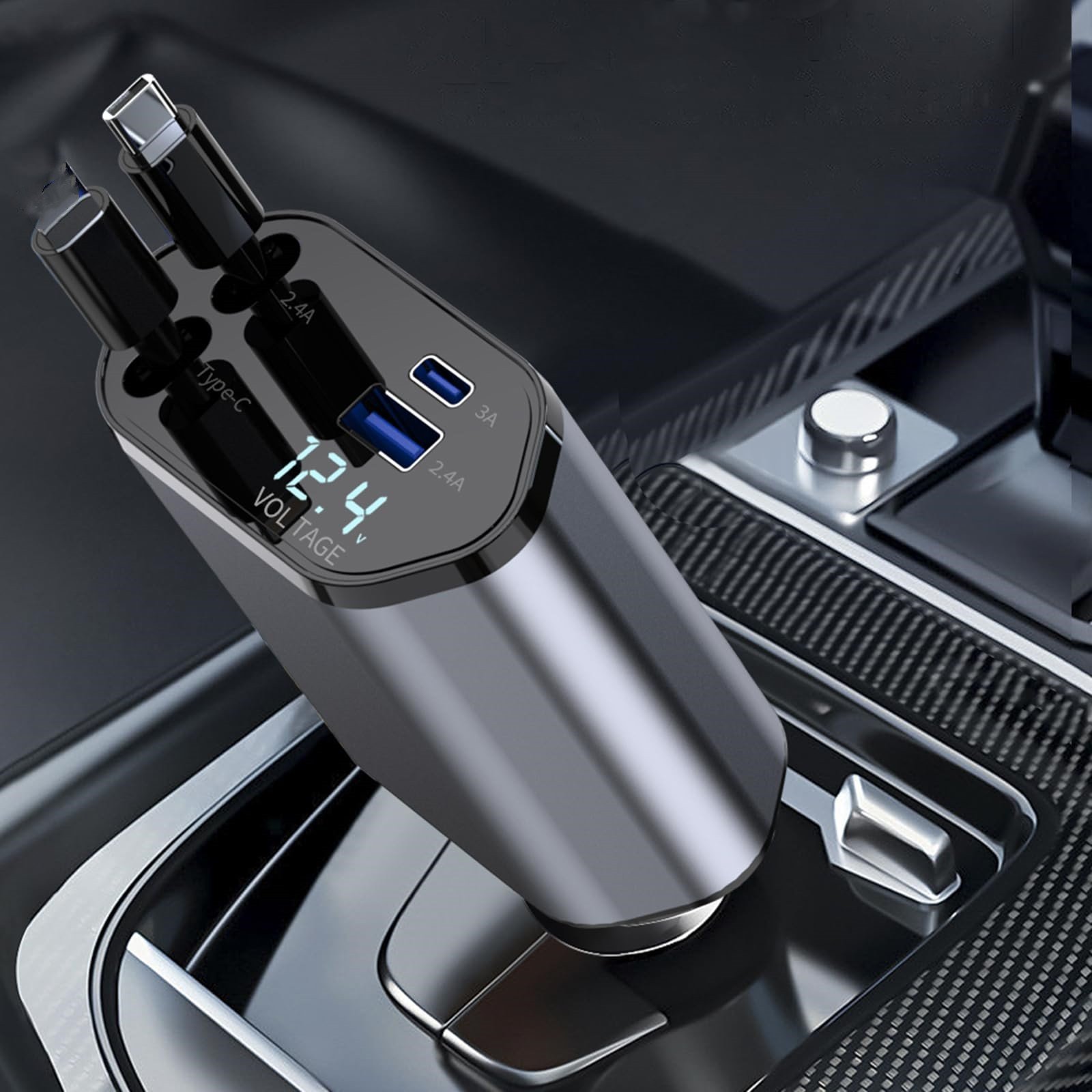 2024 new products 4-in -1 Multi- charging Ports Fast Charger with Retractable Cables and PD charge Mobile Phone Car Charger car