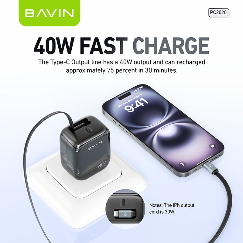 BAVIN PC2020 wholesale PD 40W fast charging retractable 70cm usb c charger with type c cable