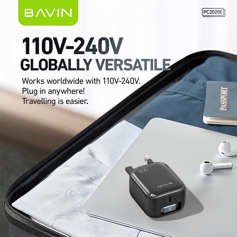 BAVIN PC2020E plug eu uk us PD 40W retractable 70cm type c cable usb c wall charger for i phone