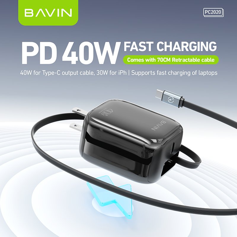 BAVIN PC2020 wholesale PD 40W 110V-240V retractable 70cm 2 in 1 data cable wall usb c charger