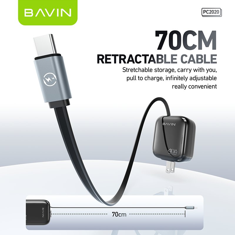 BAVIN PC2020 wholesale PD 40W 110V-240V retractable 70cm 2 in 1 data cable wall usb c charger