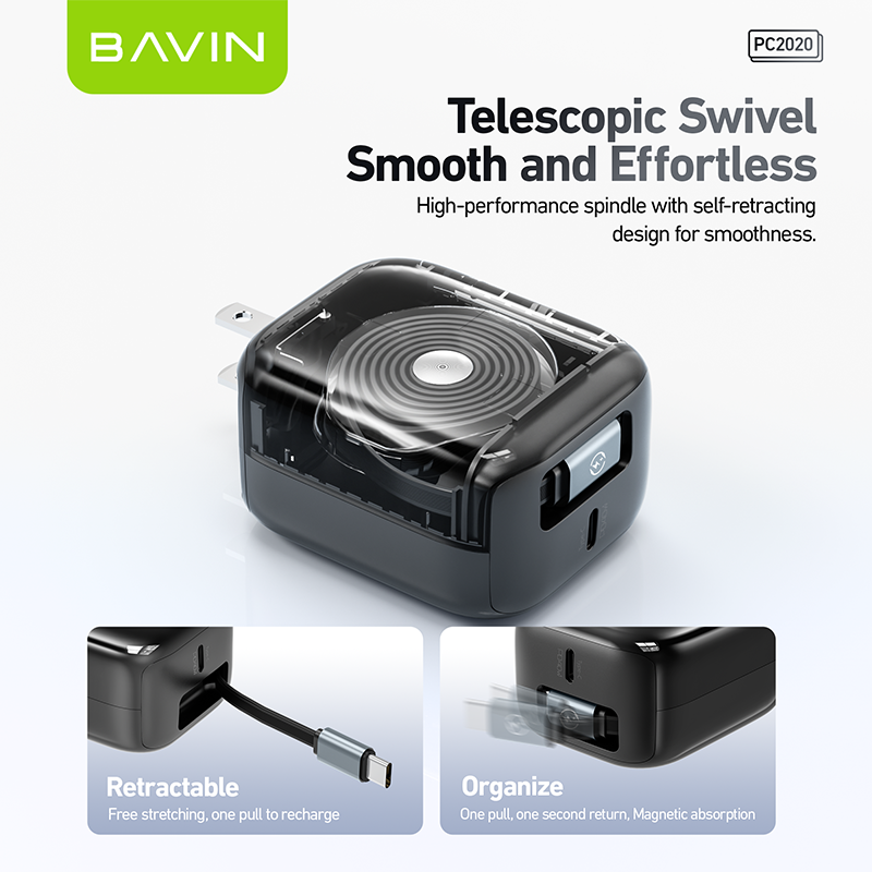 BAVIN PC2020 wholesale PD 40W 110V-240V retractable 70cm 2 in 1 data cable wall usb c charger