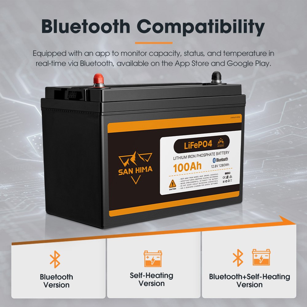 SAN HIMA Automatic Self-heating Blue-tooth Wireless Control 12V 100AH 200AH LiFePO4 Lithium Iron Battery In-built Smart BMS