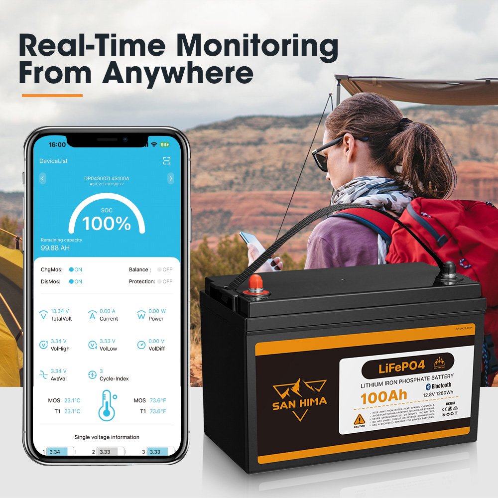 SAN HIMA Automatic Self-heating Blue-tooth Wireless Control 12V 100AH 200AH LiFePO4 Lithium Iron Battery In-built Smart BMS