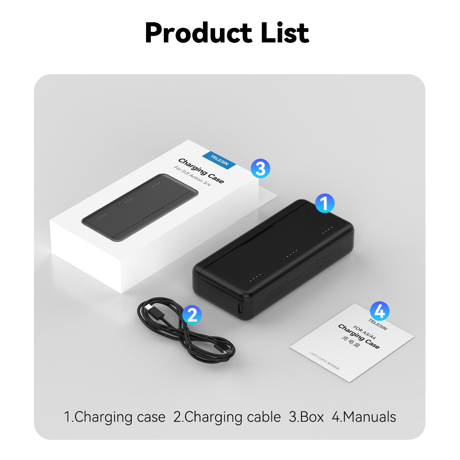 TELESIN camera accessories for dji action 3/4 portable with power indicator light three-slot battery charging storage box