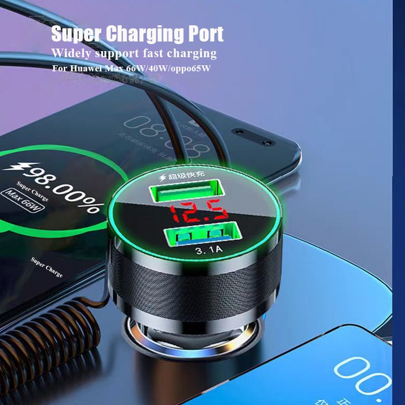 150w Car Power Charger Socket 2 Port 3.0 Quick Charge with 3 in 1 Cable for Samsung iPhone Xiaomi Mobile Phone Accessories