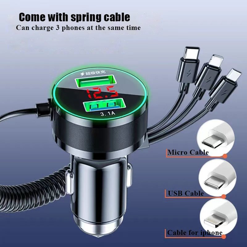 150w Car Power Charger Socket 2 Port 3.0 Quick Charge with 3 in 1 Cable for Samsung iPhone Xiaomi Mobile Phone Accessories