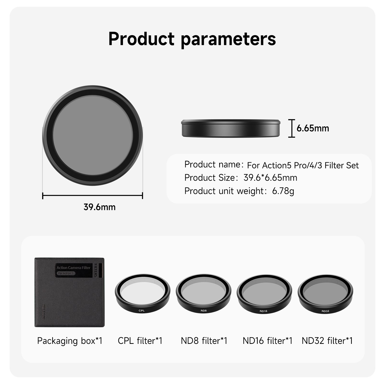 Telesin sports camera accessories CPL Neutral Density ND Lens Filters CPL ND8 ND16 ND32 Optical Lens for DJI Action 5 4 3 camera