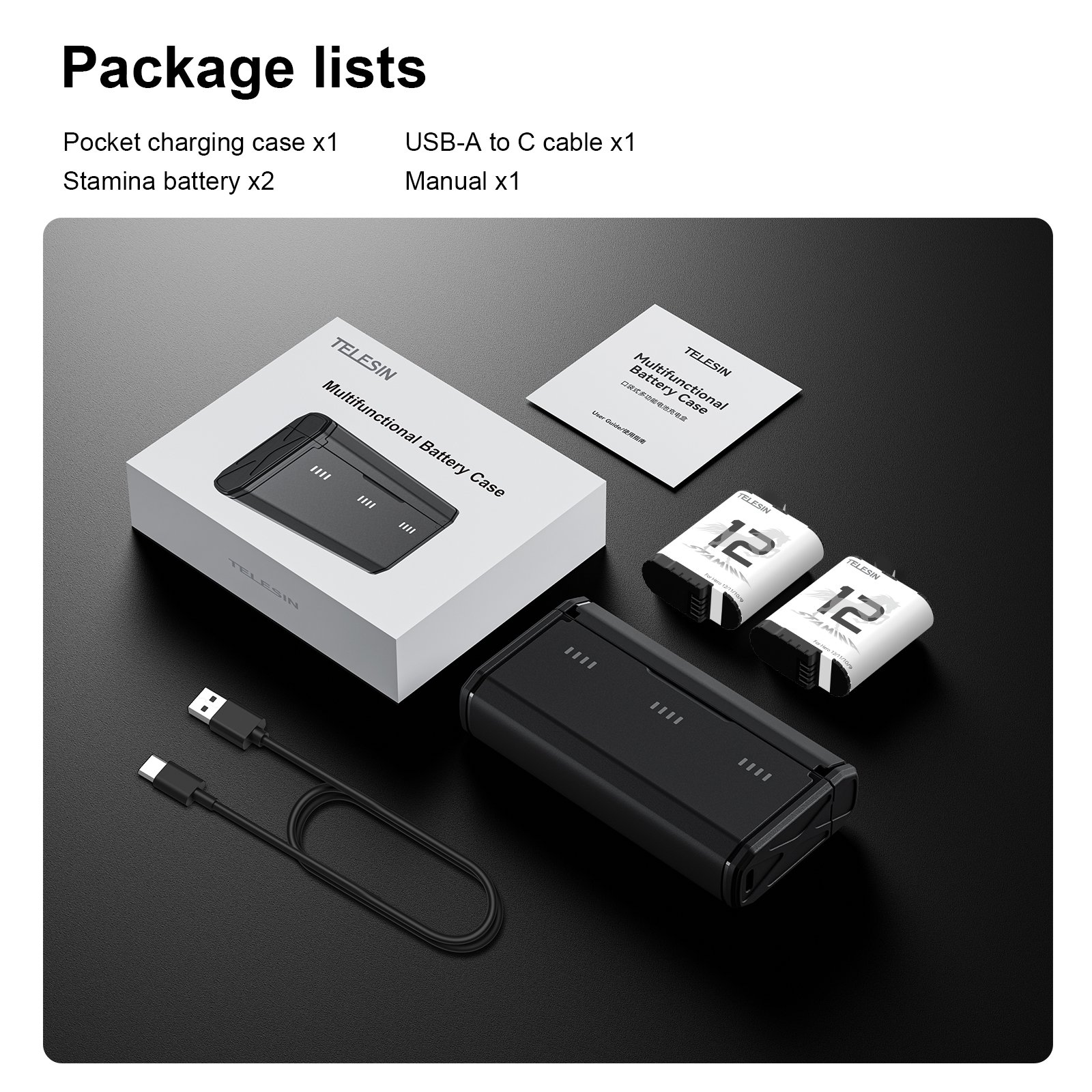 Telesin LED power display Portable Pocket size 3-slot charger box with 2pcs Stamina battery for Go Pro Hero 9/10/11/12 camera