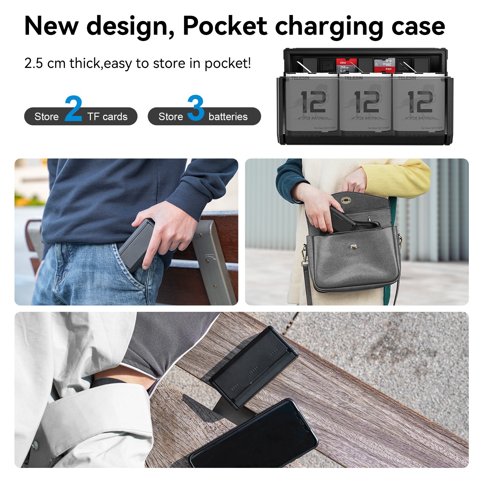 Telesin LED power display Portable Pocket size 3-slot charger box with 2pcs Stamina battery for Go Pro Hero 9/10/11/12 camera