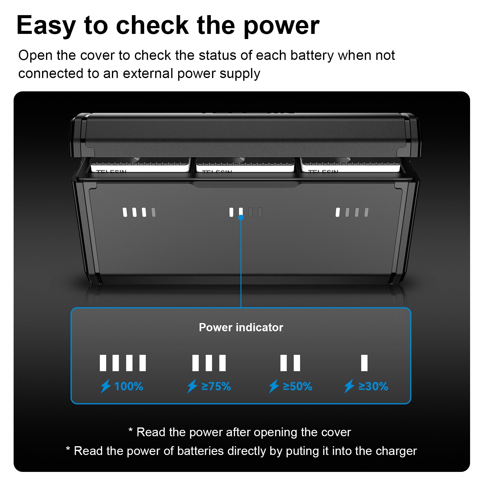 Telesin LED power display Portable Pocket size 3-slot charger box with 2pcs Stamina battery for Go Pro Hero 9/10/11/12 camera