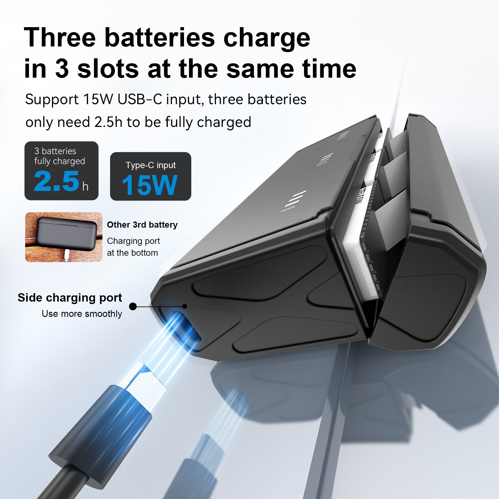 Telesin LED power display Portable Pocket size 3-slot charger box with 2pcs Stamina battery for Go Pro Hero 9/10/11/12 camera