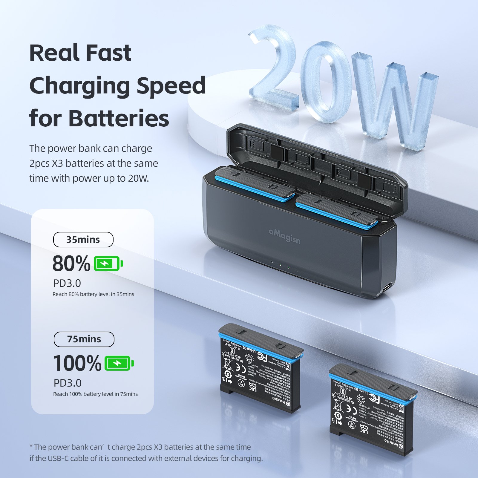 aMagisn Fast Charging Power Bank for Insta360 X3 Battery Charge Box Accessories for Action Camera & Smart Phone with 7710mAh
