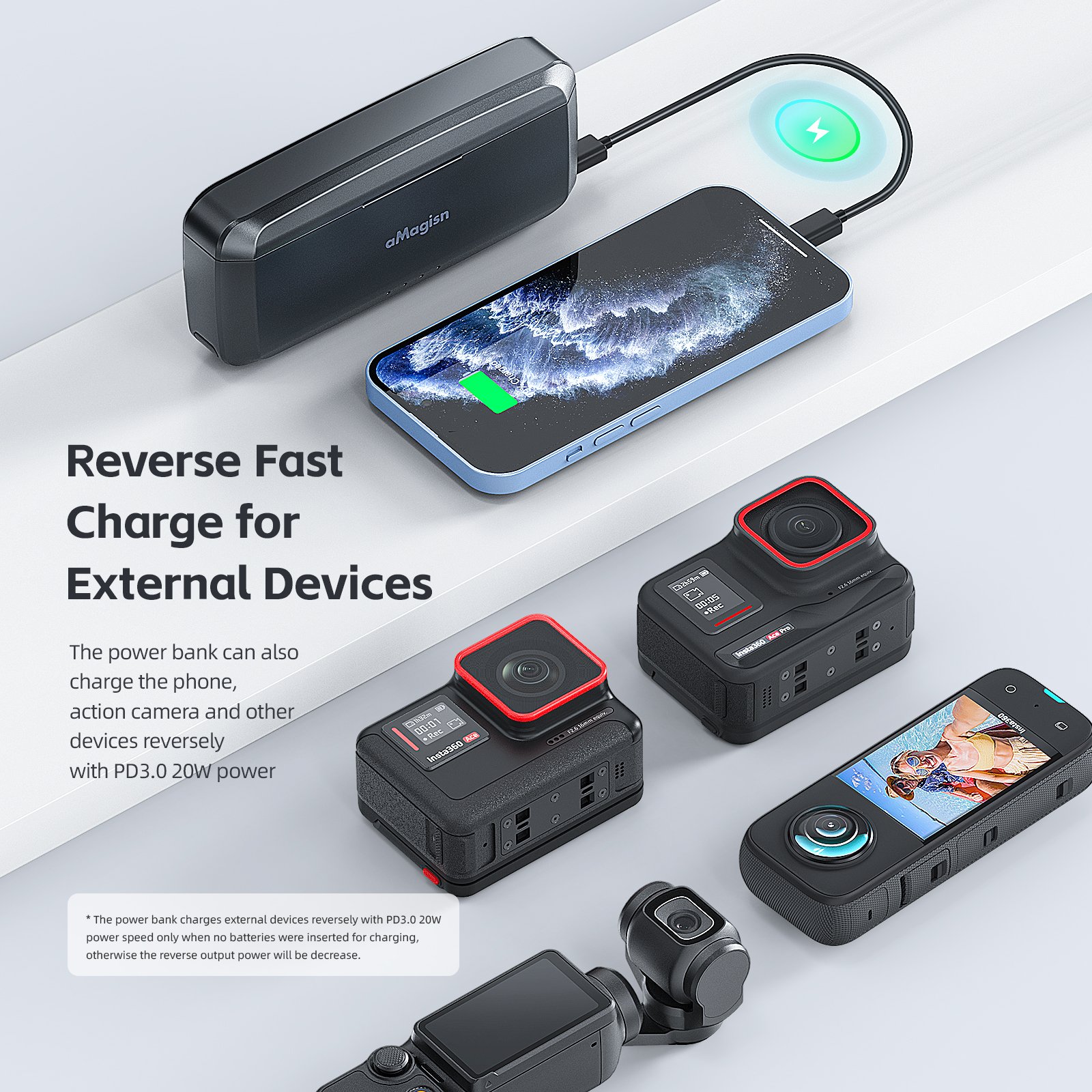 aMagisn Fast Charging Power Bank for Insta360 X3 Battery Charge Box Accessories for Action Camera & Smart Phone with 7710mAh