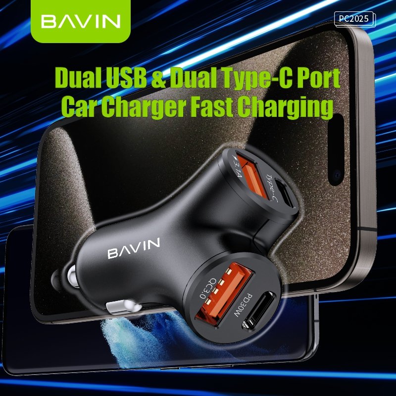 BAVIN factory wholesale PC2025 pd 30w qc fast charging mini size dual type usb c car charger for car