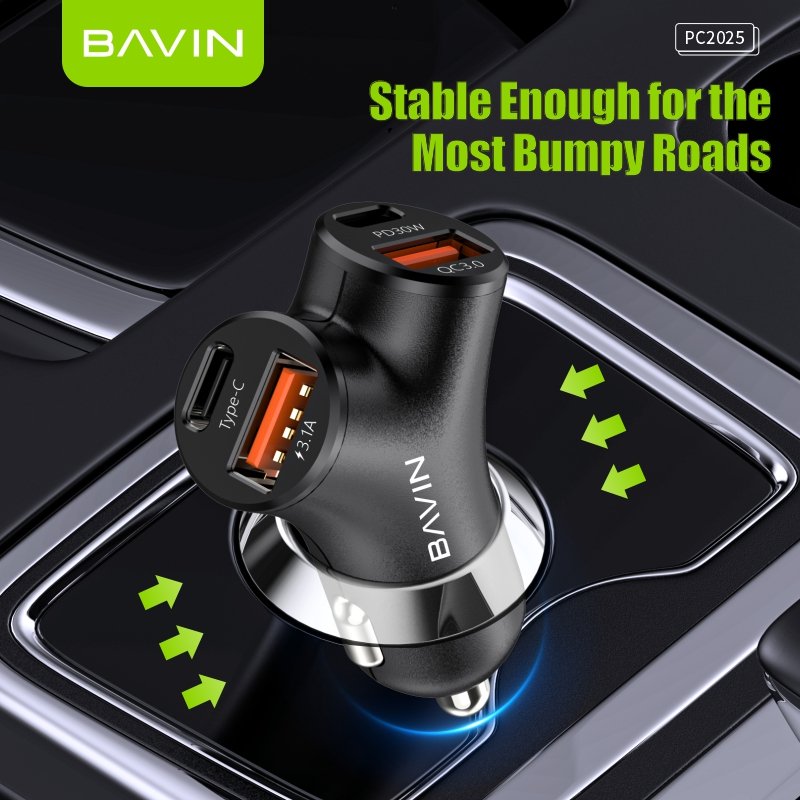 BAVIN factory wholesale PC2025 pd 30w qc fast charging mini size dual type usb c car charger for car