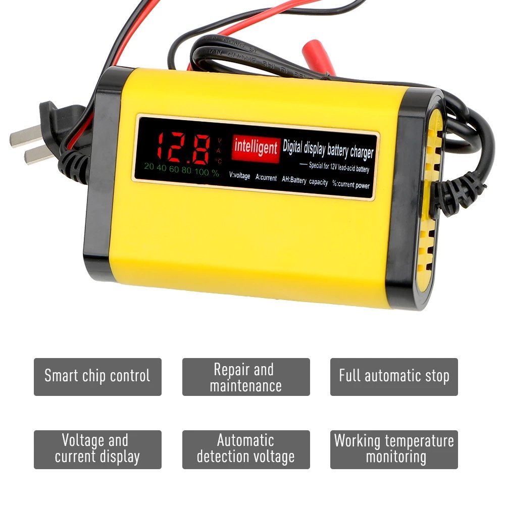 Car Motorcycle Battery Charger 12V 2A Full Automatic 3 Stages Lead Acid AGM GEL Intelligent LCD Display Car Accessories