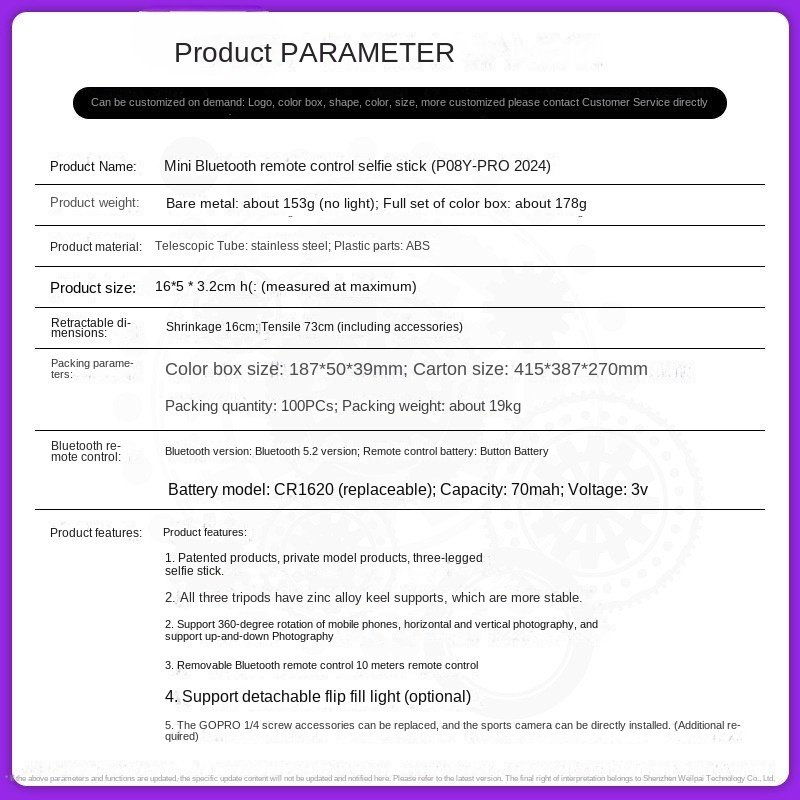 P08Y pro No light mini selfie stick tripod with Bluetooth mobile phone holder portable selfie stand
