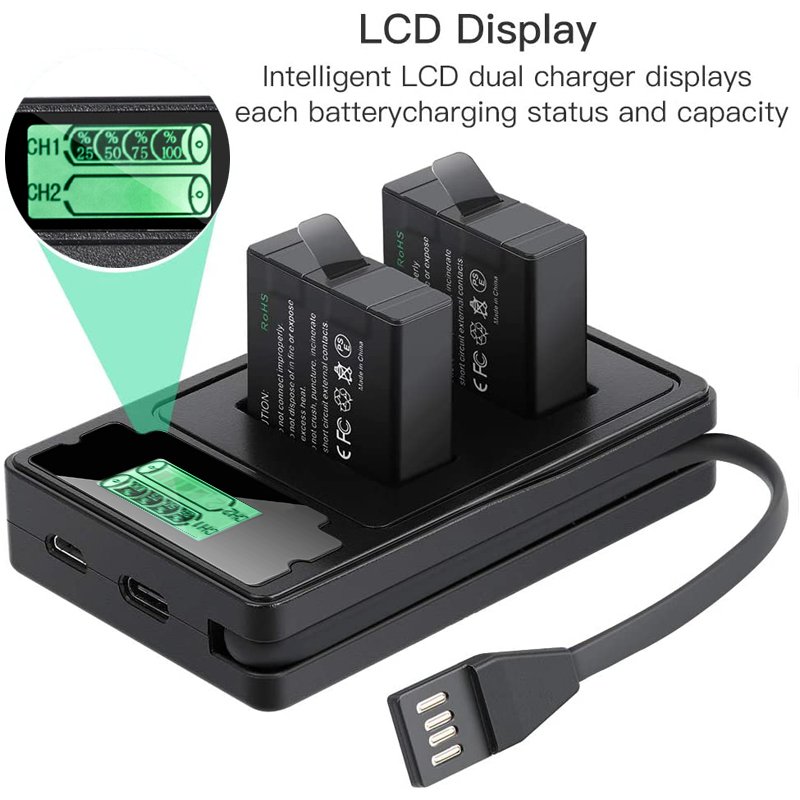 Suitable for GoPro Hero 5 6 7 8 9 10 Black battery charger, dual LCD display, replace the charger with a charging cable