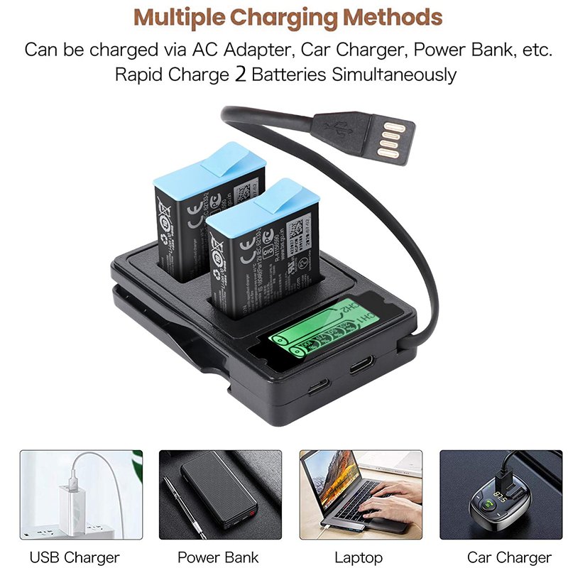 Suitable for GoPro Hero 5 6 7 8 9 10 Black battery charger, dual LCD display, replace the charger with a charging cable