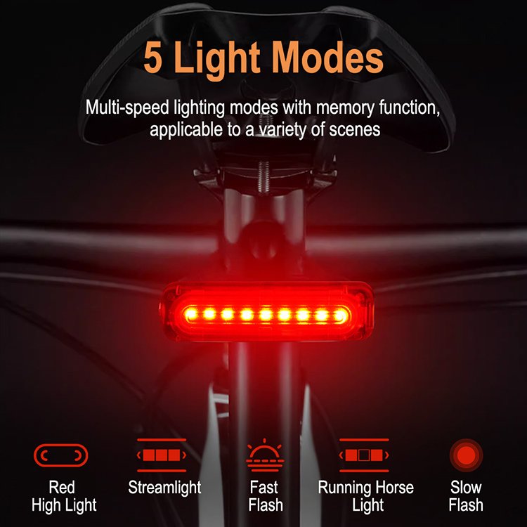 D2 Super Bright LED Bike Taillight USB Rechargeable 5 Modes IP65 Waterproof Bicycle Rear Light Accessories with Memory Function