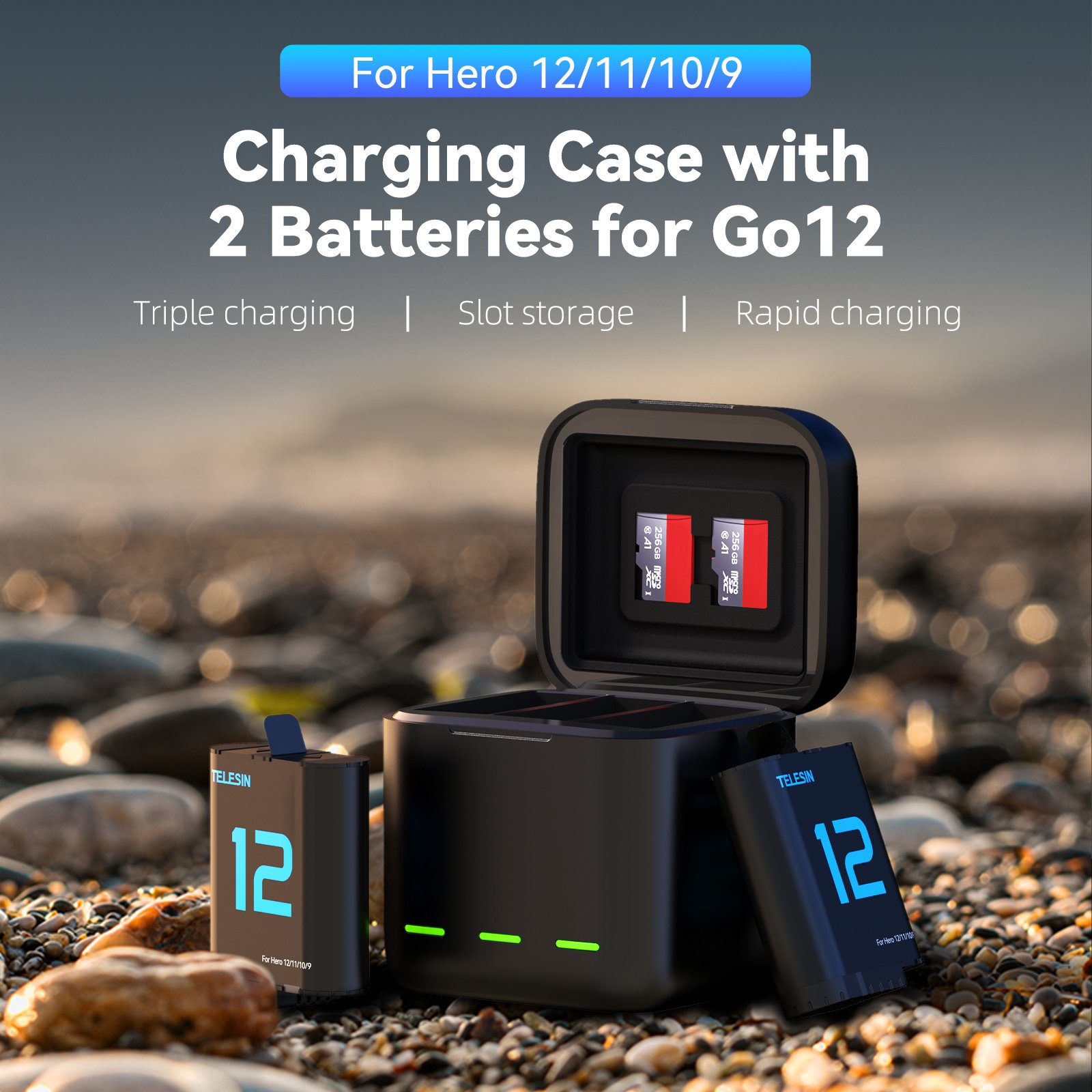 Telesin Accessories for Go Pro Hero 12 11 10 9 camera Portable battery storage 3-slot charger box with 2pcs batteries set