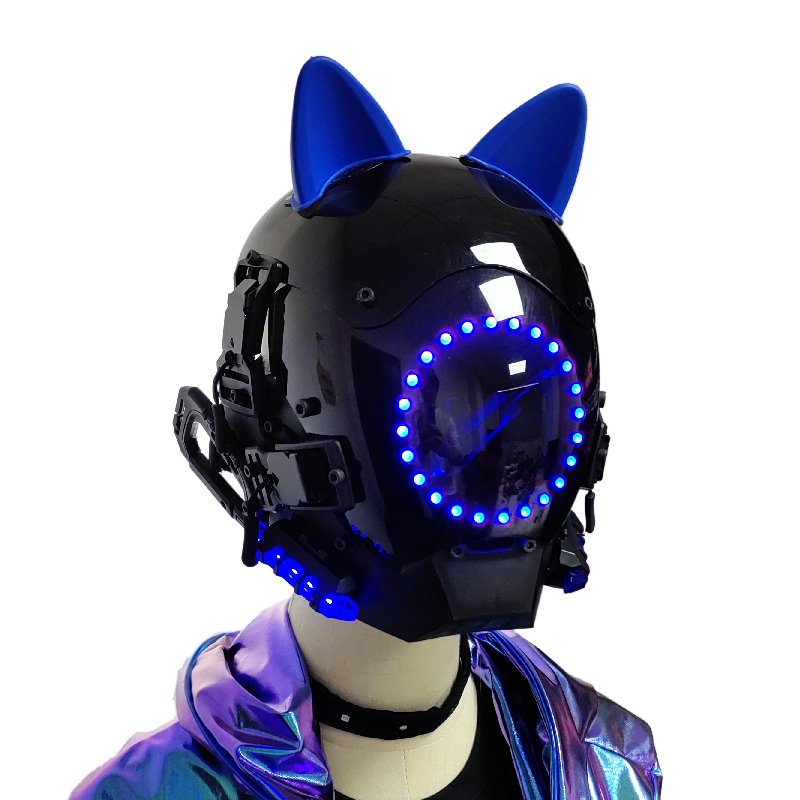 Blue Cat Ears Cyberpunk Mask Full Face Cosplay LED Lights Cyberpunk Mask Helmet Cosplay Futuristic Costume Accessories for Women