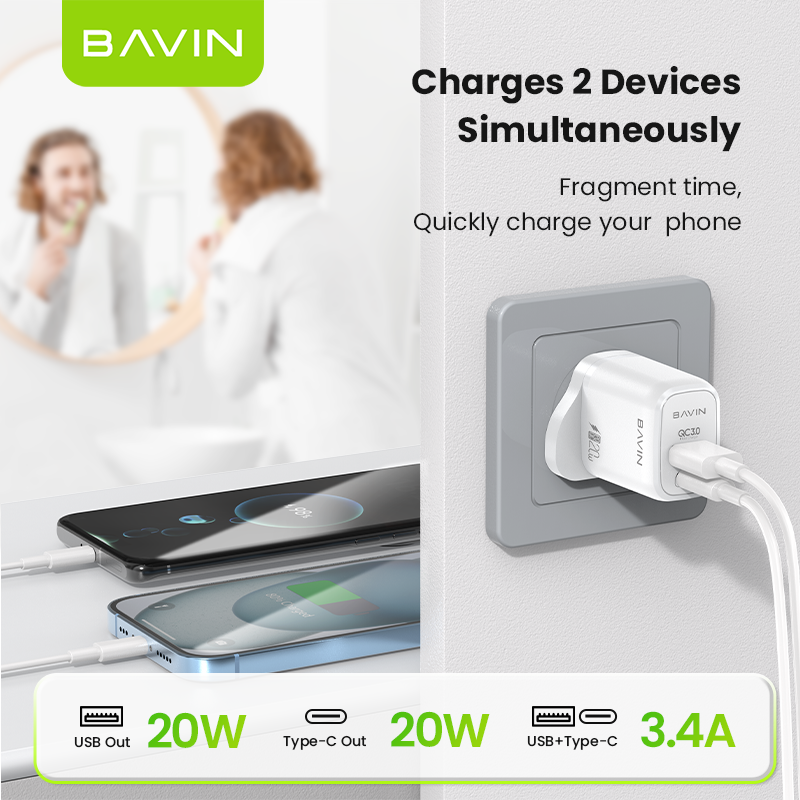 BAVIN high quality PC987E PD QC3.0 FCP ETC 20W UK android usb c mobile phone fast charging wall charger