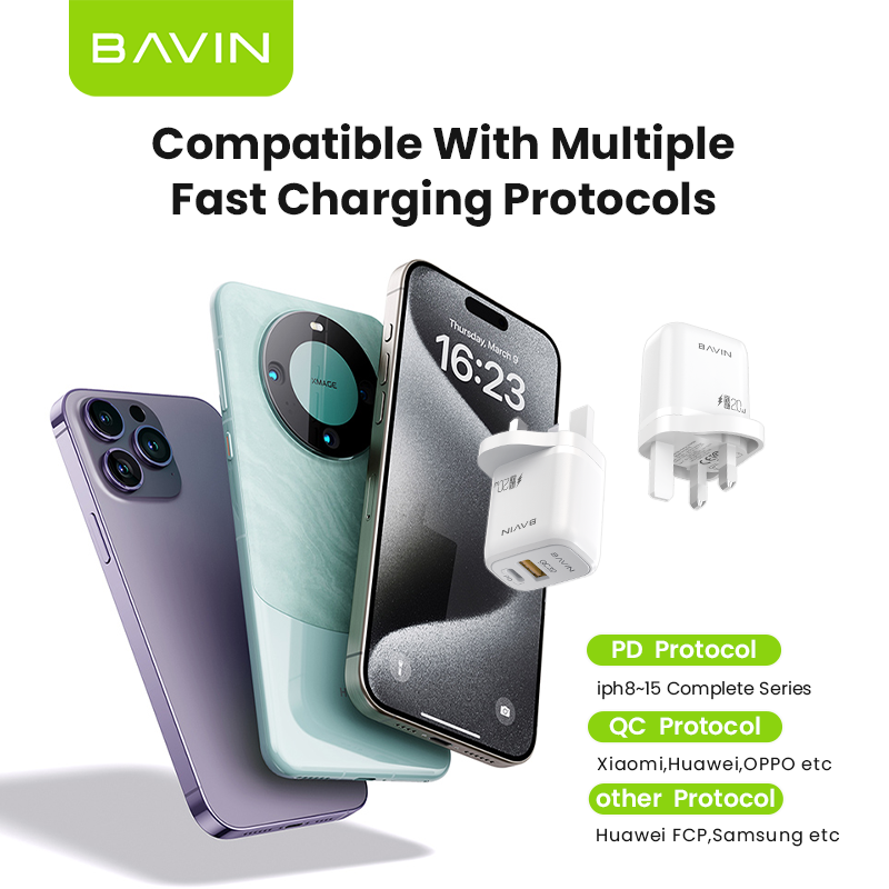 BAVIN high quality PC987E PD QC3.0 FCP ETC 20W UK android usb c mobile phone fast charging wall charger