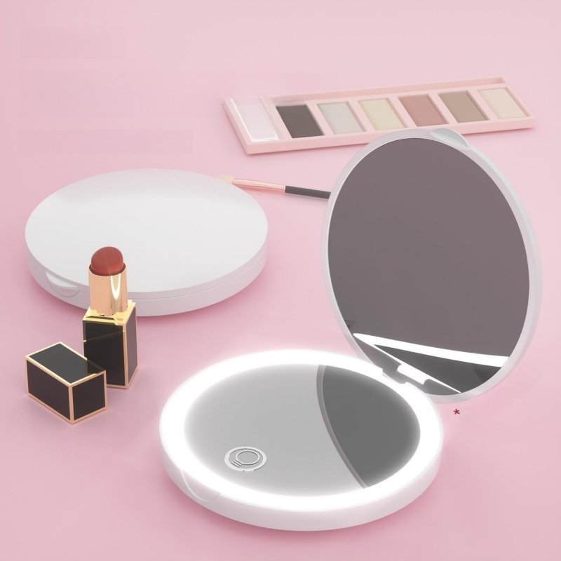 New 2023 Round Compact Custom Vanity Make up Lash Mirror with Led Lights Cosmetic Table Mirror Black Mirror Accessories Silver