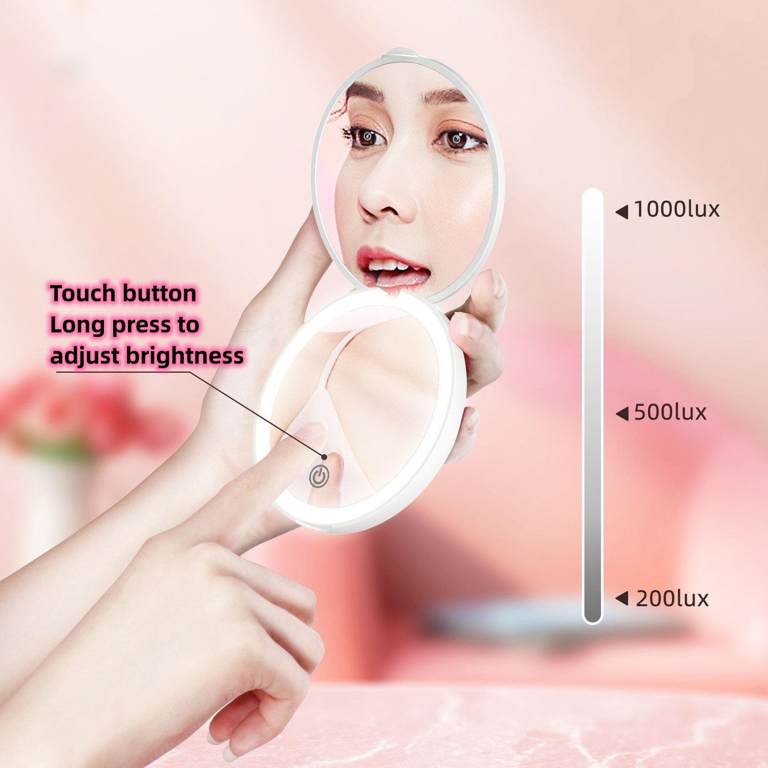 New 2023 Round Compact Custom Vanity Make up Lash Mirror with Led Lights Cosmetic Table Mirror Black Mirror Accessories Silver