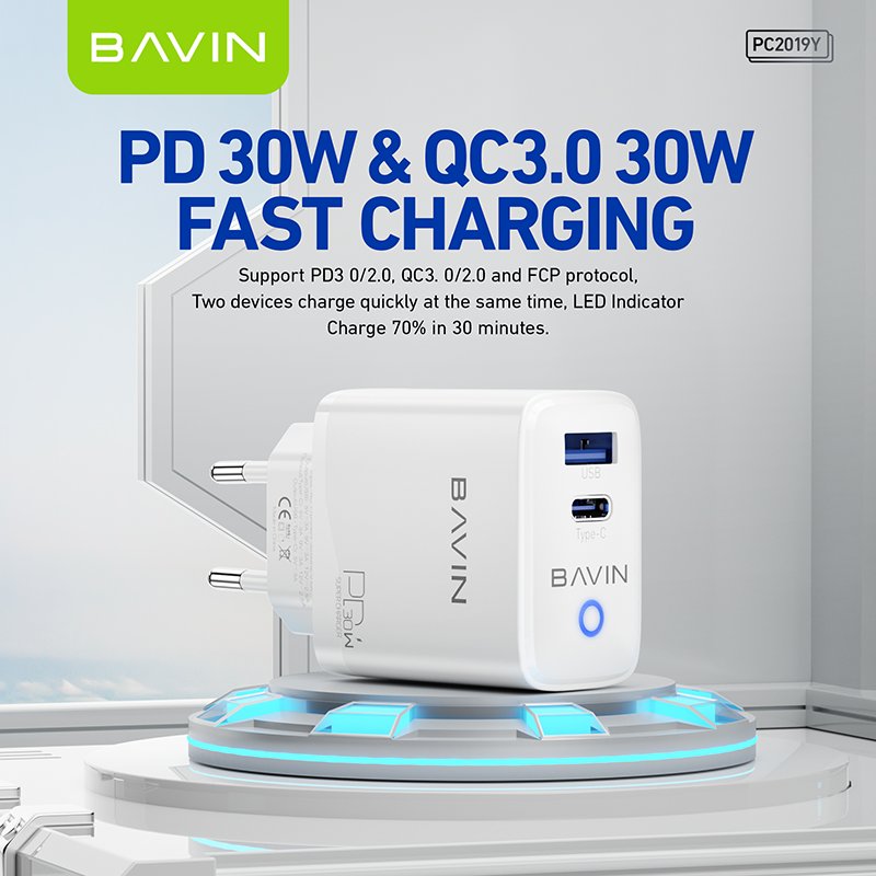 BAVIN wholesale PC2019 PD QC3.0 30w 2 port usb type c wall mobile phone fast charger with charging cable