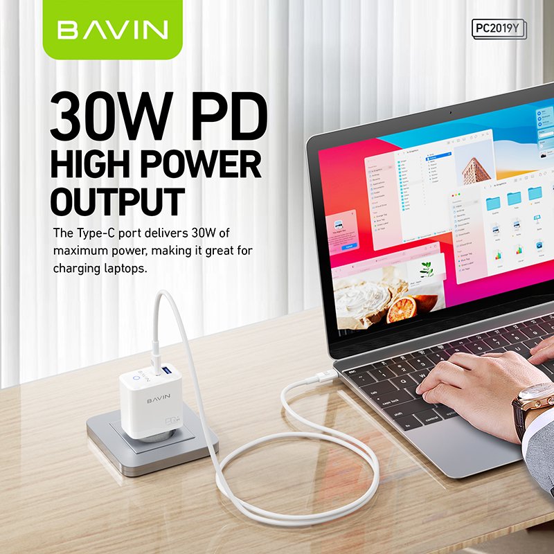 BAVIN wholesale PC2019 PD QC3.0 30w 2 port usb type c wall mobile phone fast charger with charging cable