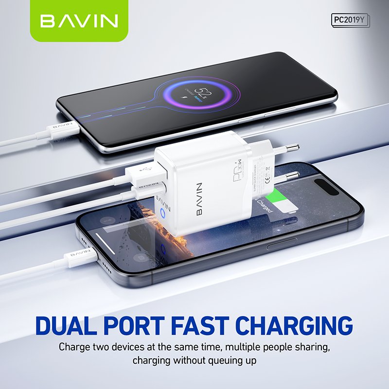 BAVIN wholesale PC2019 PD QC3.0 30w 2 port usb type c wall mobile phone fast charger with charging cable