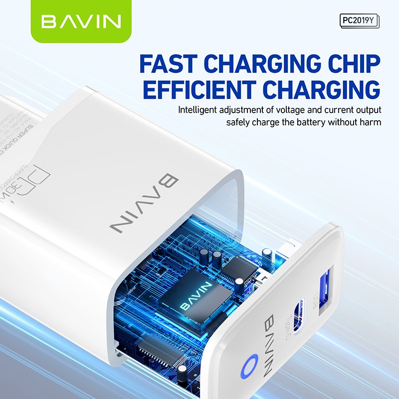 BAVIN wholesale PC2019 PD QC3.0 30w 2 port usb type c wall mobile phone fast charger with charging cable