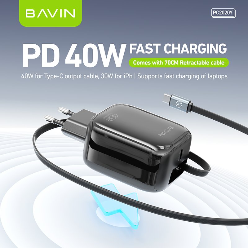 BAVIN 2024 new PC2020Y PD 40W retractable 70cm portable usb c mobile wall charger with type c cable