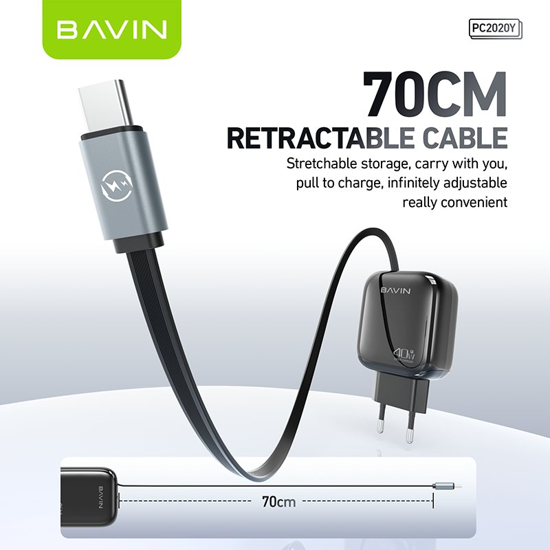 BAVIN 2024 new PC2020Y PD 40W retractable 70cm portable usb c mobile wall charger with type c cable
