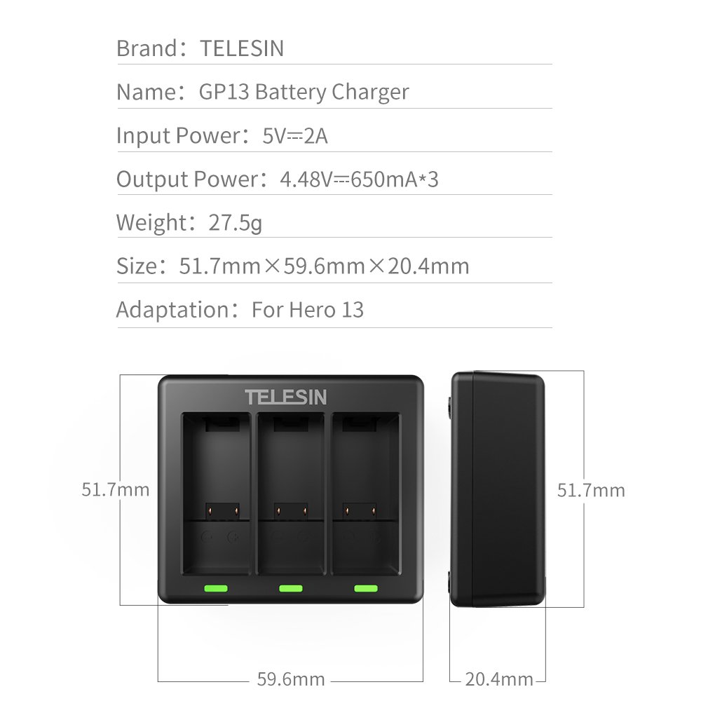 Telesin Battery Charger for Go Pro 13 camera Portable Rechargeable Smart USB Fast 3-slot Action Camera Lithium Battery Charger